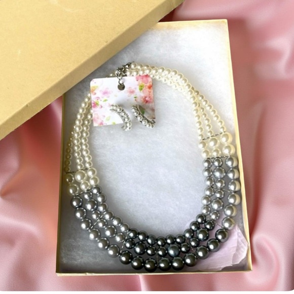 Paparazzi Multi strand pearl necklace & earrings  Hombre Cream & Gray NWOT - Picture 6 of 14